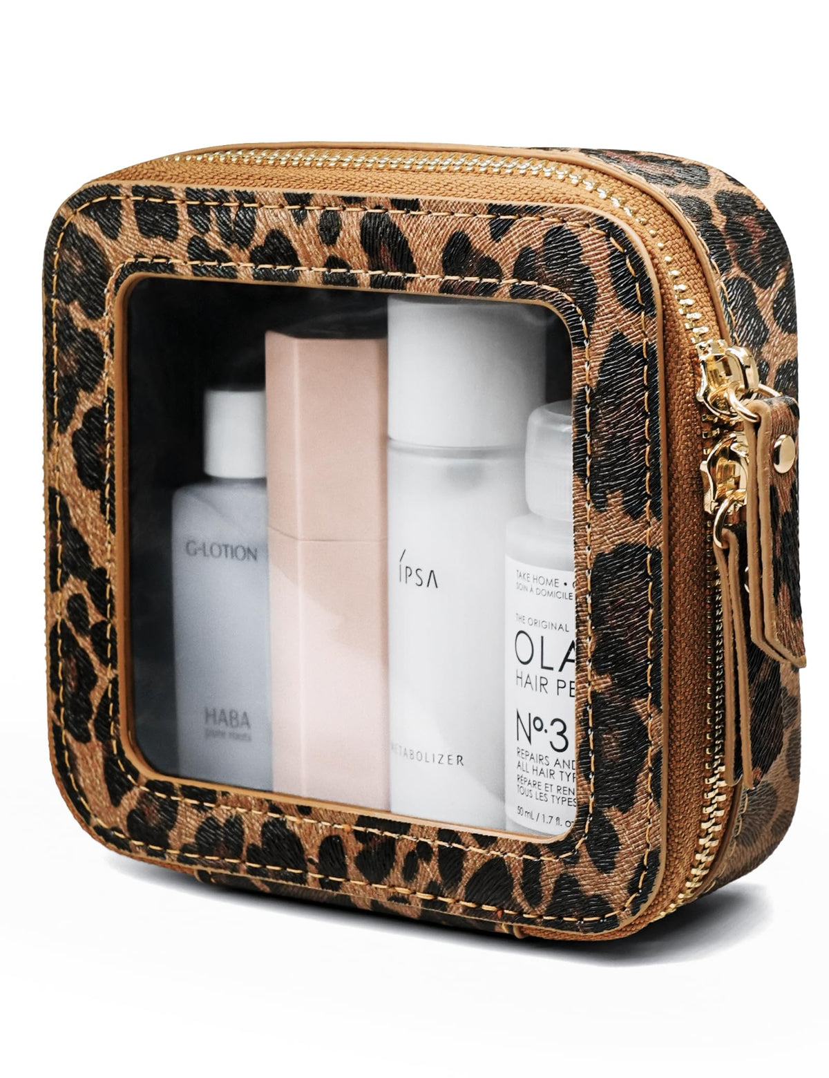Popvibe Clear Makeup Bag Travel Cosmetic Case Transparent Toiletry Bag with Zipper, Portable Make Up Organizer Traveling Compact Car Bag for Essentials, Gold, Large