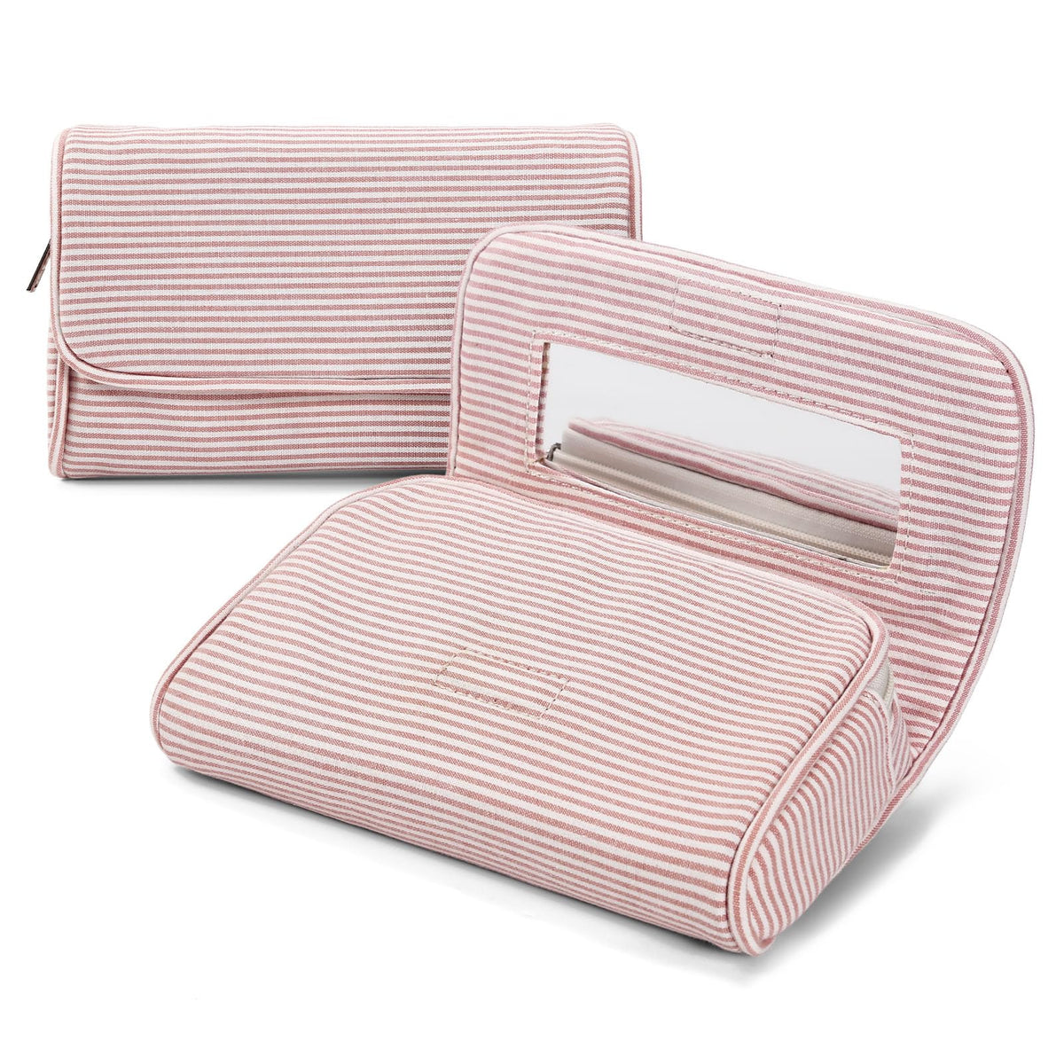 Women’s Cute Nylon Makeup Bag with Built-in Mirror, Protable Lightweight Cosmetic Bag, Trendy Toiletry Bag for Travel (Pink Stripe)