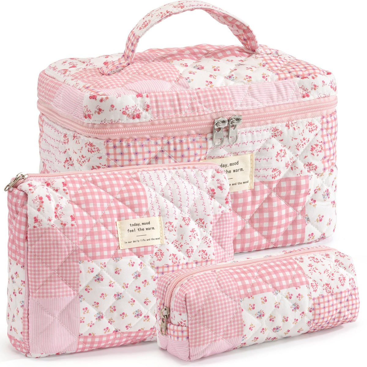 Makeup Bag for Women 3PCS Quilted Cotton Make Up Bag Travel Cosmetic Bag Large Makeup Bag Set Cute Makeups Organizer Floral Toiletry Pouch for Purse, Pink Floral D