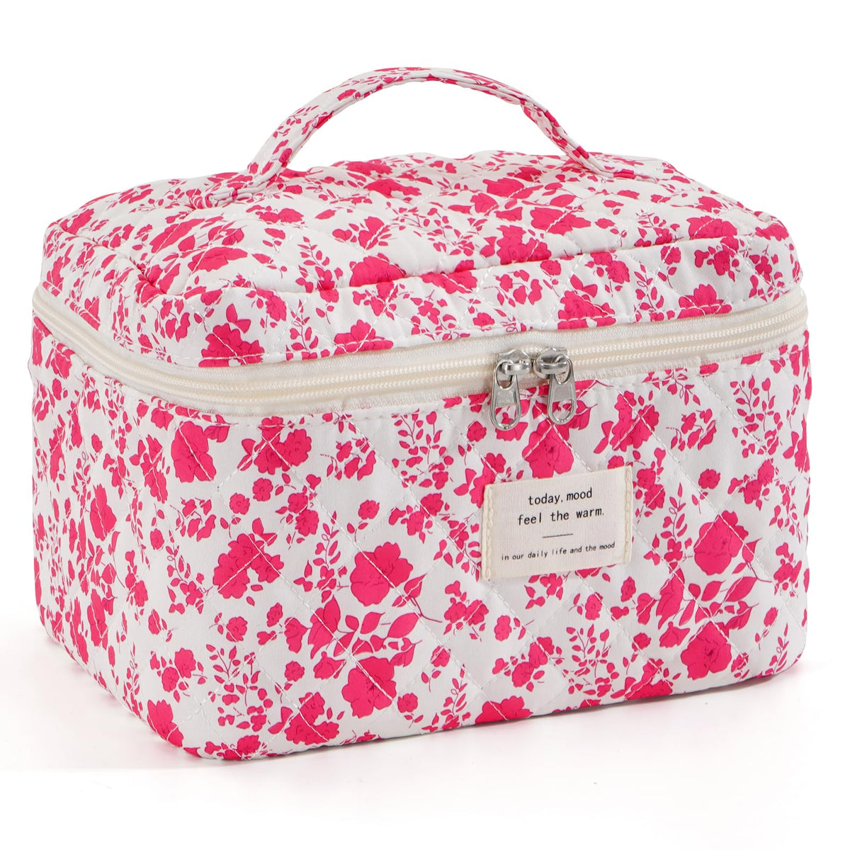 Makeup Bag for Women 3PCS Quilted Cotton Make Up Bag Travel Cosmetic Bag Large Makeup Bag Set Cute Makeups Organizer Floral Toiletry Pouch for Purse, Pink Floral D