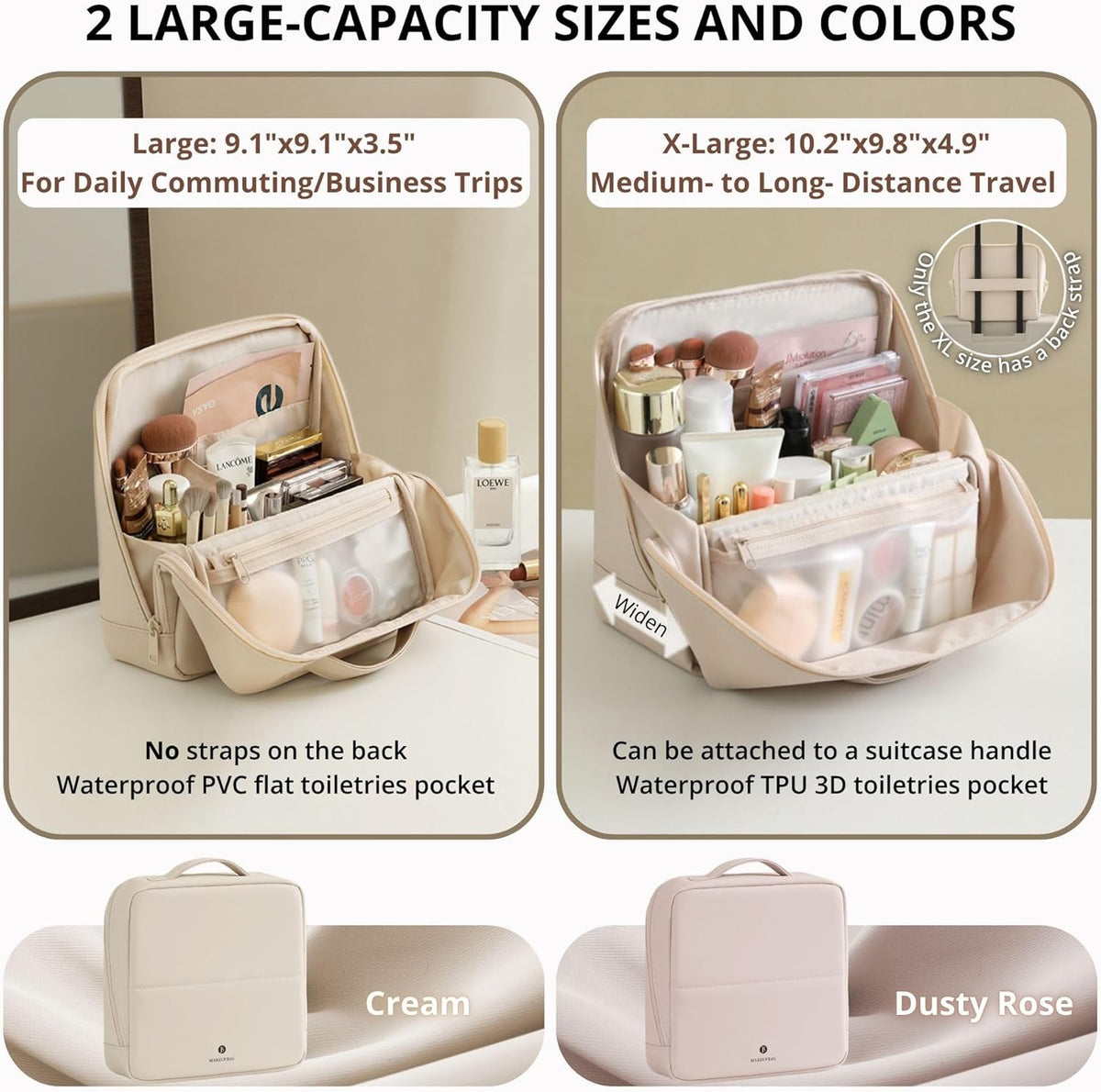 tianzong Travel Makeup Bag with Magnetic Fold-Down Flap, Waterproof Leather Cosmetic and Toiletry Organizer for Women, Multi-Zone Standing Storage, Cream, Large