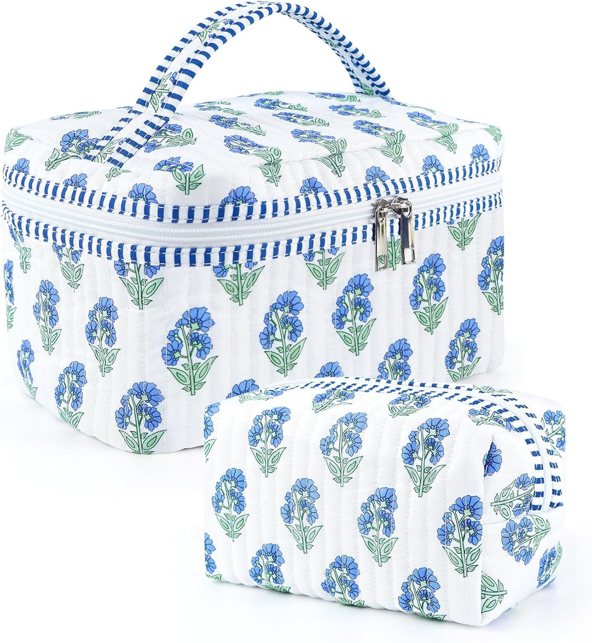 2 Pcs Quilted Makeup Bag Set, Floral Travel Cosmetic Bags for Women Girls