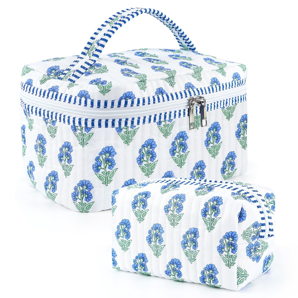 2 Pcs Quilted Makeup Bag Set, Floral Travel Cosmetic Bags for Women Girls