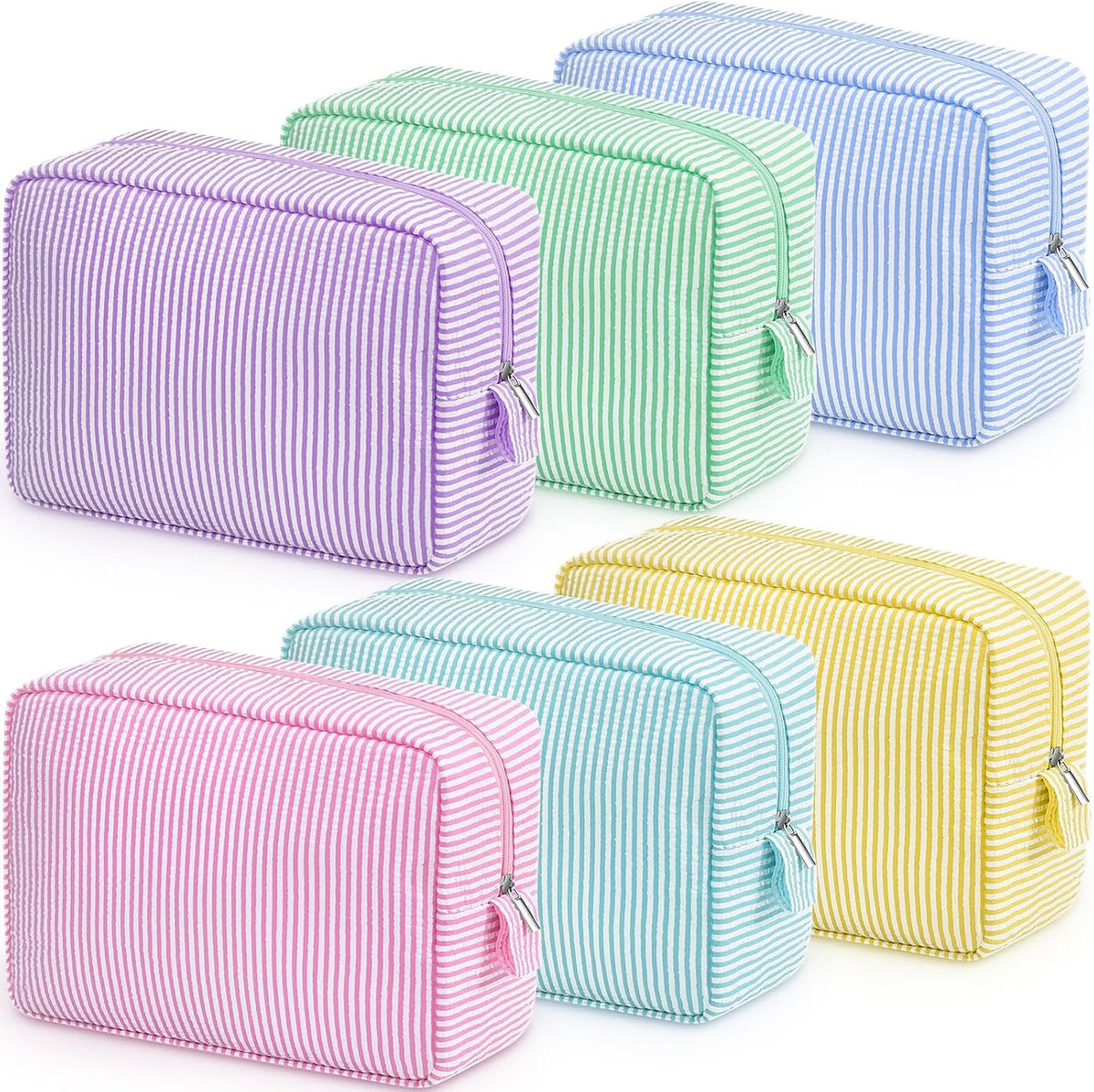 Sanwuta 6 Pack Seersucker Makeup Bags for Women Striped,Large,Macaron Color