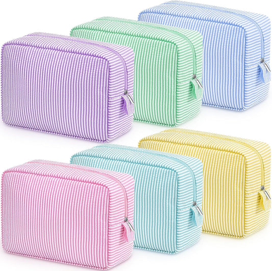 Sanwuta 6 Pack Seersucker Makeup Bags for Women Striped,Large,Macaron Color