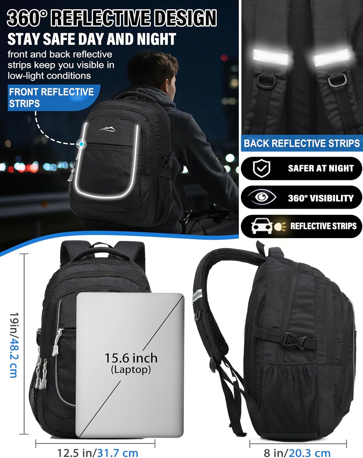 ProEtrade Backpack Bookbag for College Sturdy Travel Business Hiking Fit Laptop Up to 15.6 Inch Multi Compartment Gifts for Men Women Night Light Reflective (Black)