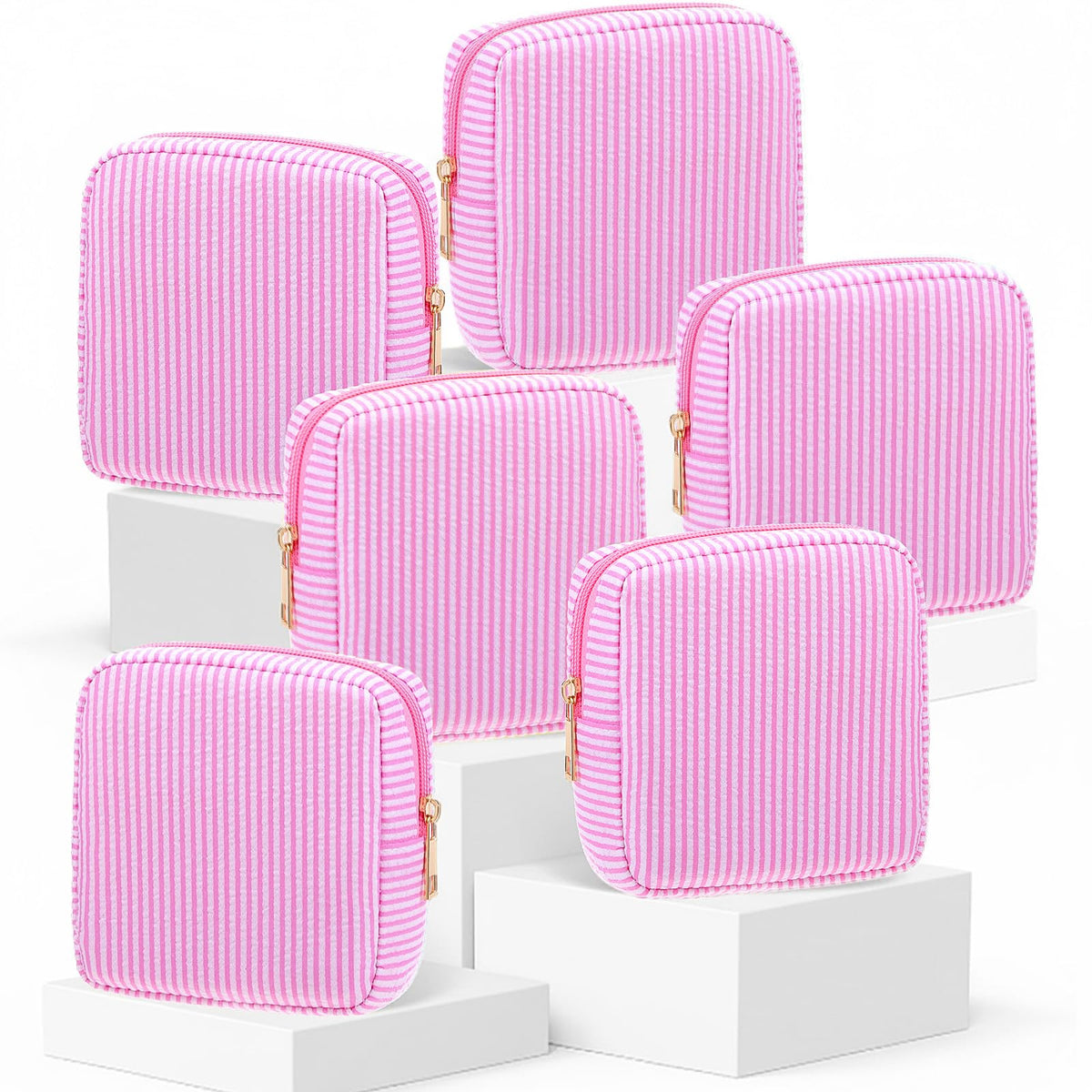 Sanwuta 6 Pack Seersucker Makeup Bags for Women Striped,Large,Macaron Color