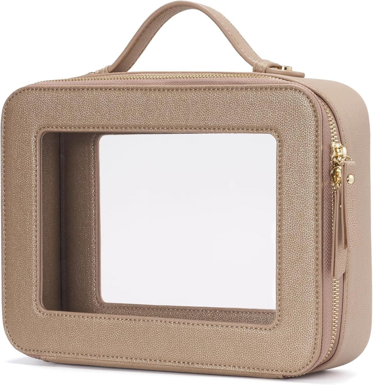 Popvibe Clear Makeup Bag Travel Cosmetic Case Transparent Toiletry Bag with Zipper, Portable Make Up Organizer Traveling Compact Car Bag for Essentials, Gold, Large