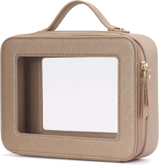 Popvibe Clear Makeup Bag Travel Cosmetic Case Transparent Toiletry Bag with Zipper, Portable Make Up Organizer Traveling Compact Car Bag for Essentials, Gold, Large
