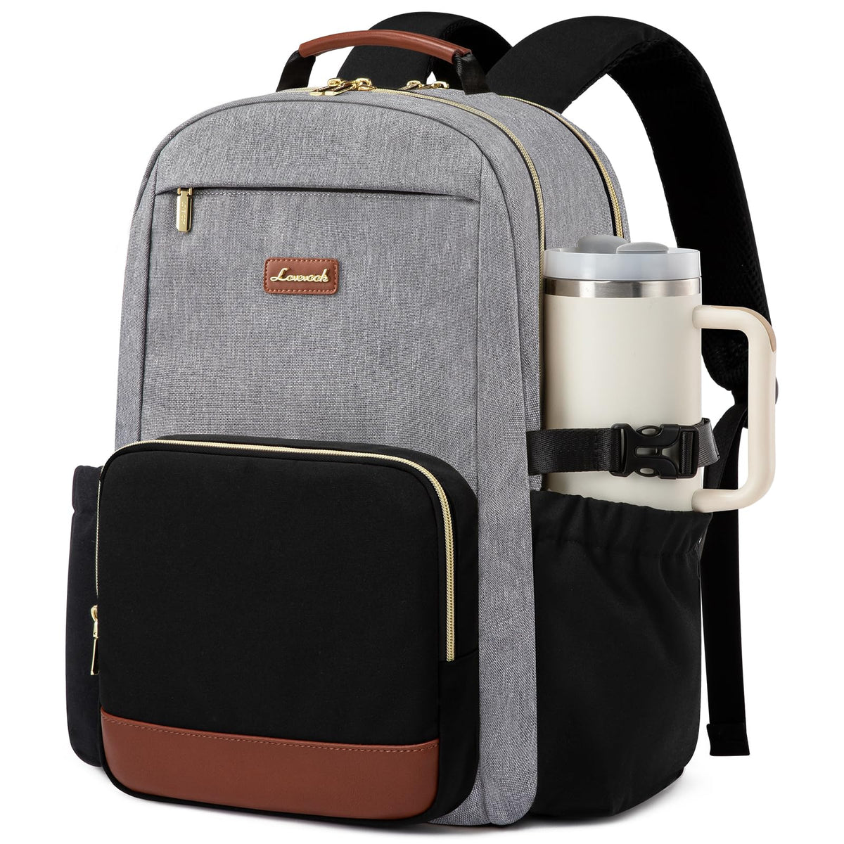 LOVEVOOK Laptop Backpack for Women with Pouch Pocket for Large Capacity Cup,15.6 Inch Laptop Computer Bag Travel Backpack Purse,Waterproof Work Business Backpack College Teacher Bags,Beige-Black-Brown