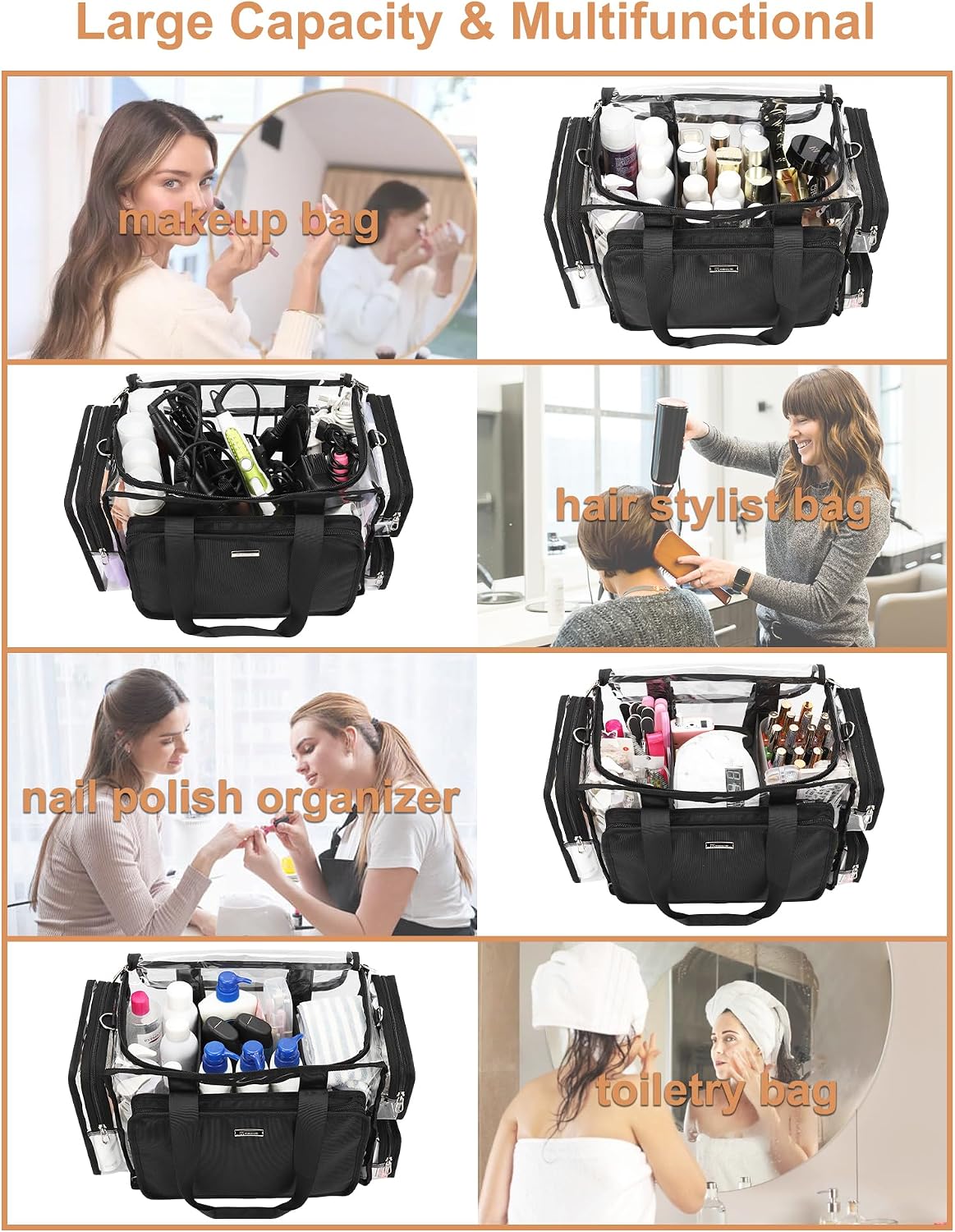 Relavel Clear Makeup Bag Extra Large Makeup Artist Kit Set, Cosmetic Storage Organizer Hair Stylist Traveling Bag, Transparent Tote Duffle Beach Toiletry Bag with Adjustable Dividers & Shoulder Strap