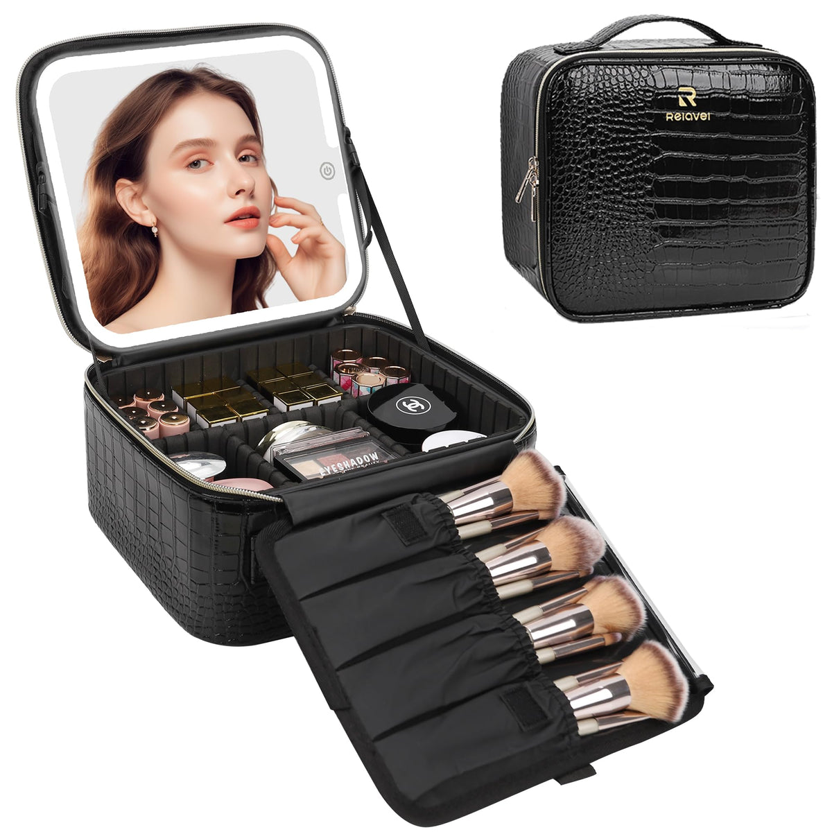 Chomeiu Makeup Bag with LED Mirror, Cosmetic Travel Bag for Women, Black