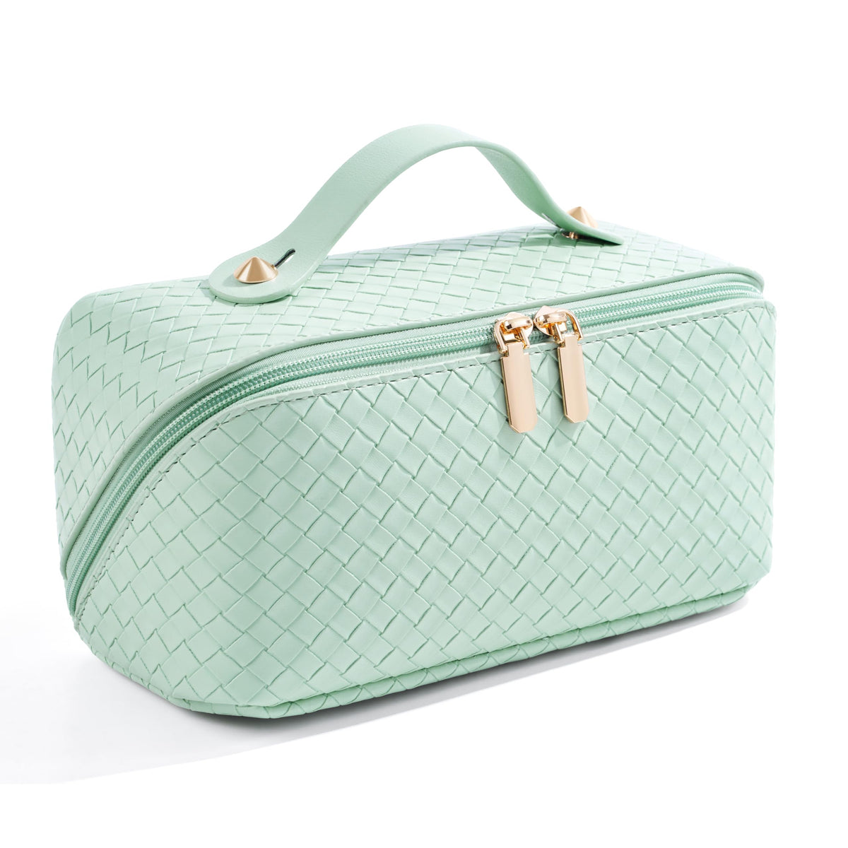 ALEXTINA Travel Makeup Bag, Woven PU Leather Cosmetic Bag, Khaki