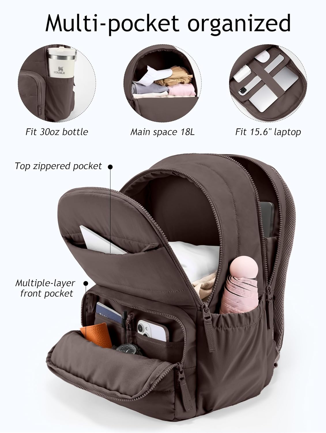 Uselike Travel Backpack for Women, 15.6 Inch Laptop Backpack, Quilted College Bookbag, Cute Work Backpacks, Water Resistant (Dark Brown)