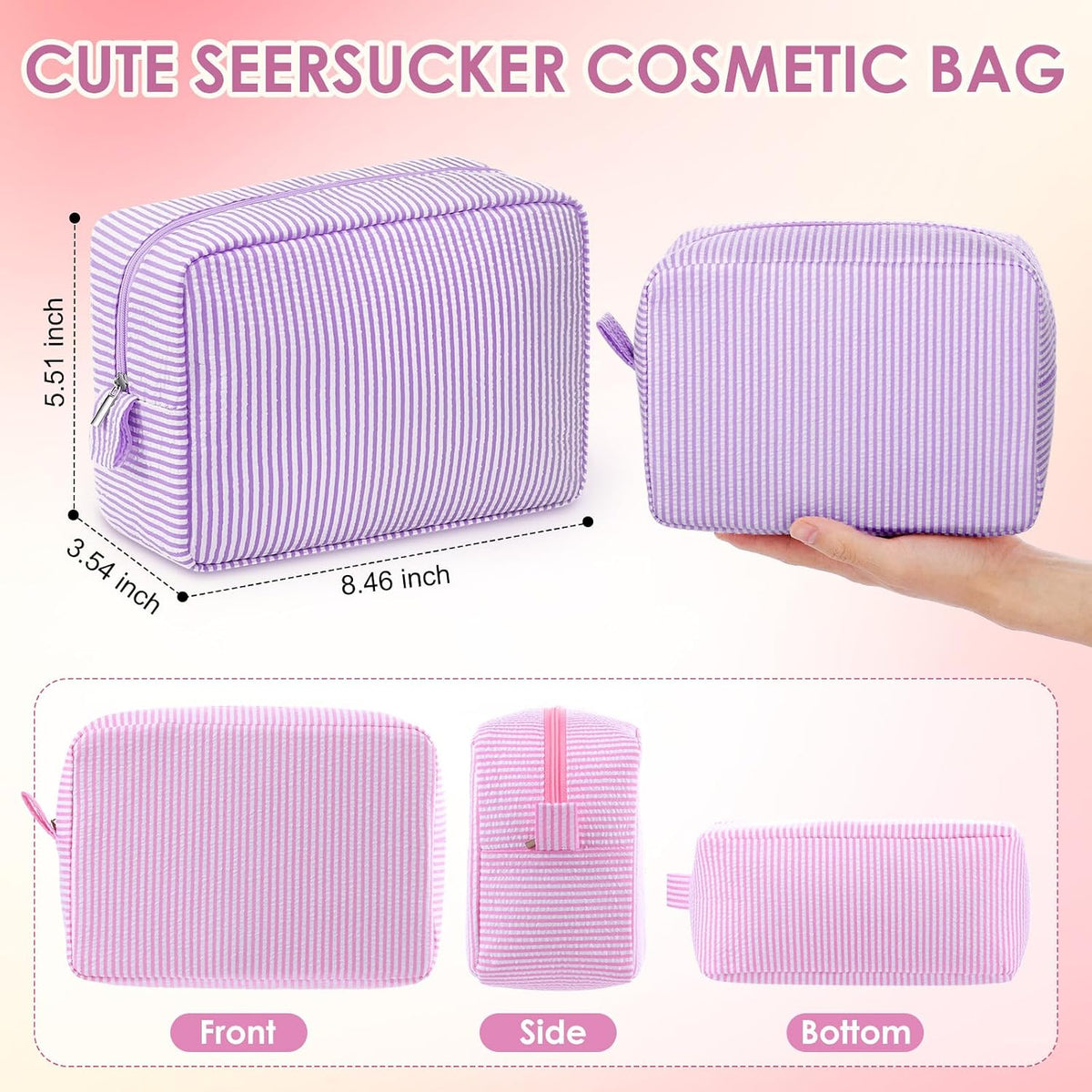 Sanwuta 6 Pack Seersucker Makeup Bags for Women Striped,Large,Macaron Color