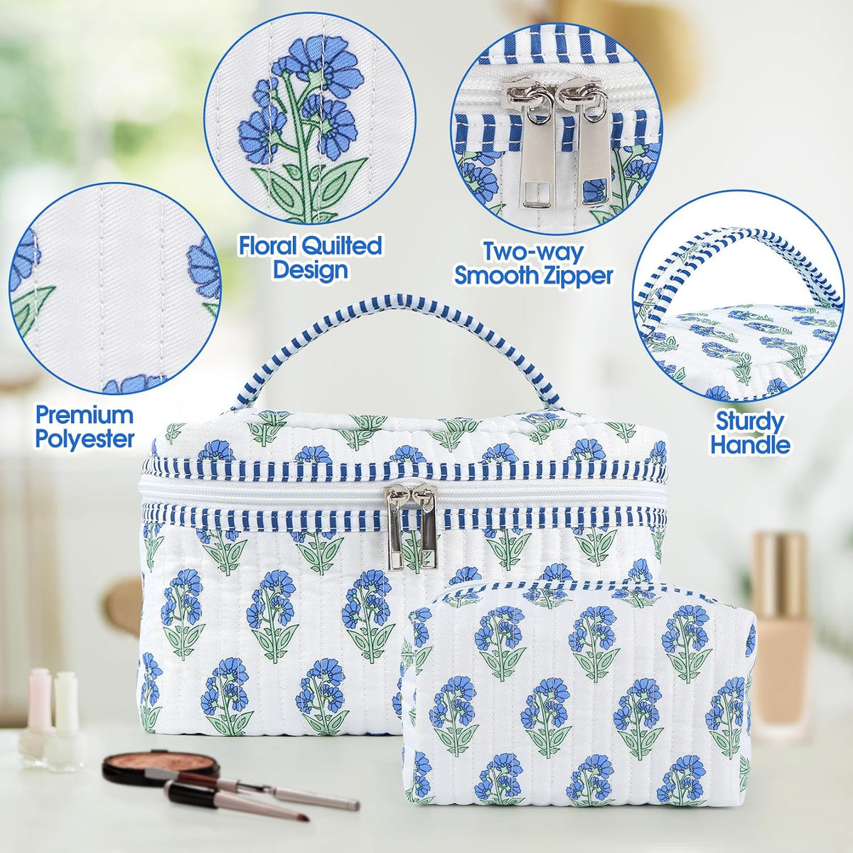 2 Pcs Quilted Makeup Bag Set, Floral Travel Cosmetic Bags for Women Girls