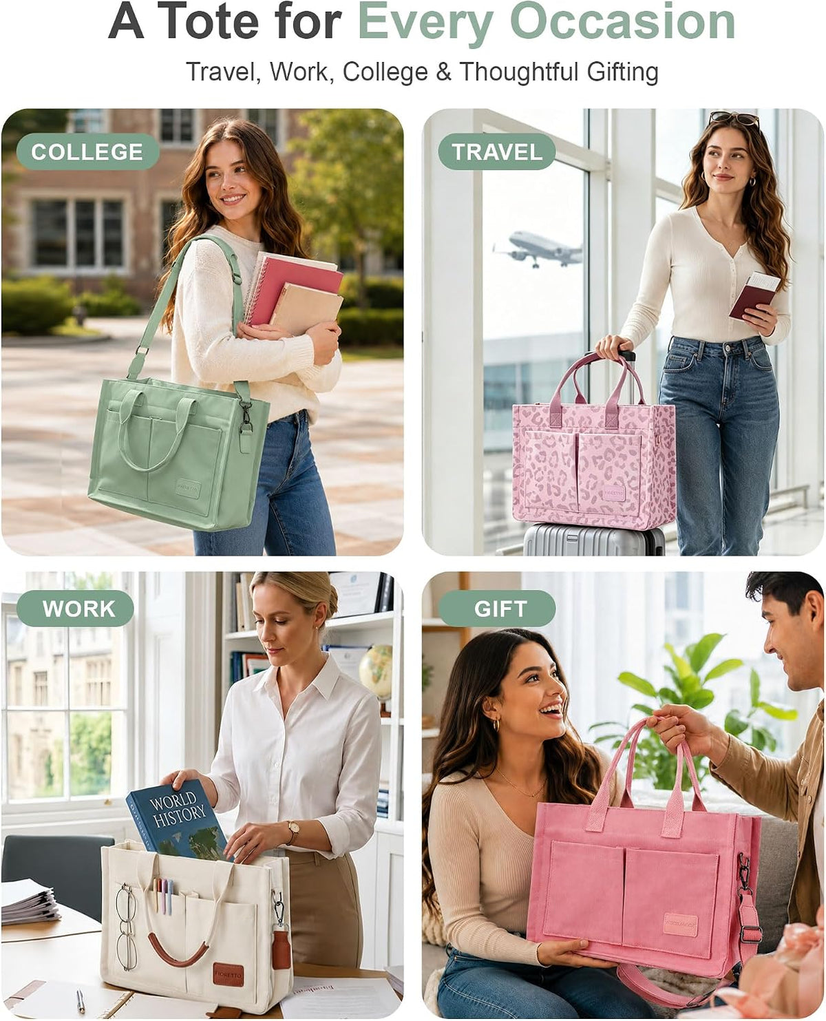 FIORETTO Canvas Tote Bag for Women with Zipper Closure & Individual Compartments for Work College for Teacher & Nurse
