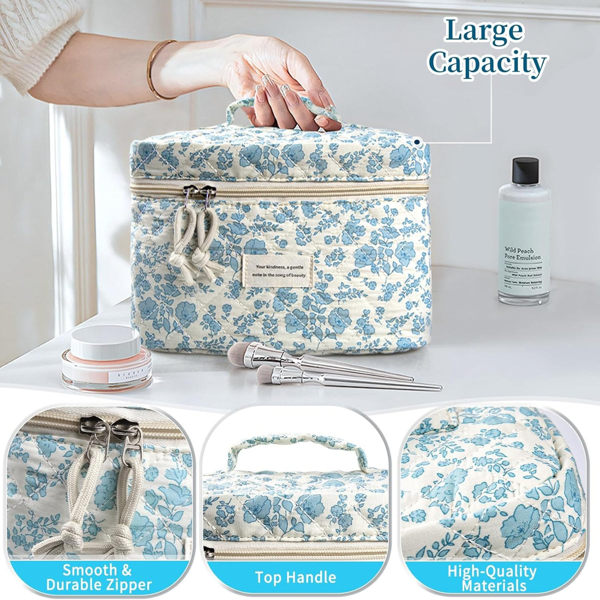 NATINSA Cute Makeup Bag for Women(2 Pcs), Travel Cosmetic Bags, Quilted Coquette Aesthetic Floral Toiletry Organizer Bag (46 - Sky Blue/4Pcs)