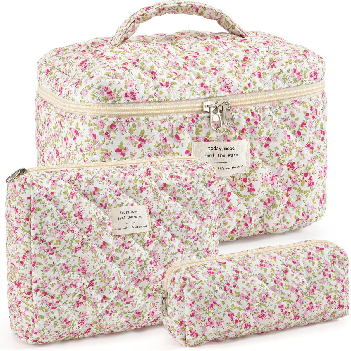Makeup Bag for Women 3PCS Quilted Cotton Make Up Bag Travel Cosmetic Bag Large Makeup Bag Set Cute Makeups Organizer Floral Toiletry Pouch for Purse, Pink Floral D