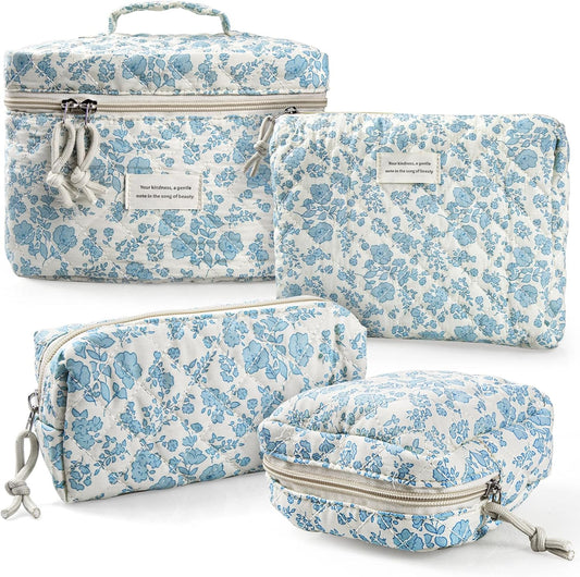 NATINSA Cute Makeup Bag for Women(2 Pcs), Travel Cosmetic Bags, Quilted Coquette Aesthetic Floral Toiletry Organizer Bag (46 - Sky Blue/4Pcs)