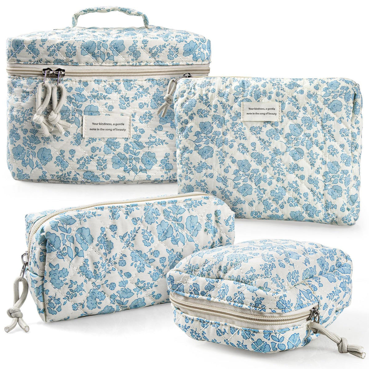 VIWIME Makeup Cosmetic Bag, Large Cotton Quilted Travel Coquette Aesthetic Cute Floral Make up Bag for Women Toiletry Bag Organizer (203- Blue Rose / 4Pcs)