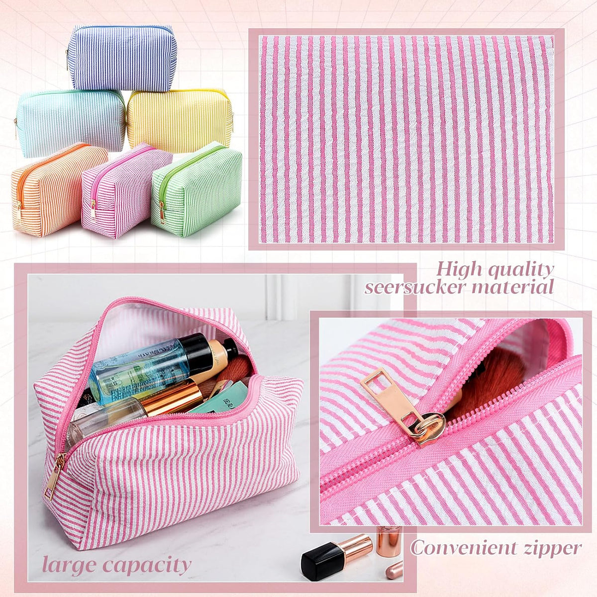 Sanwuta 6 Pcs Seersucker Cosmetic Bags Bulk, Striped Zippered,Rainbow