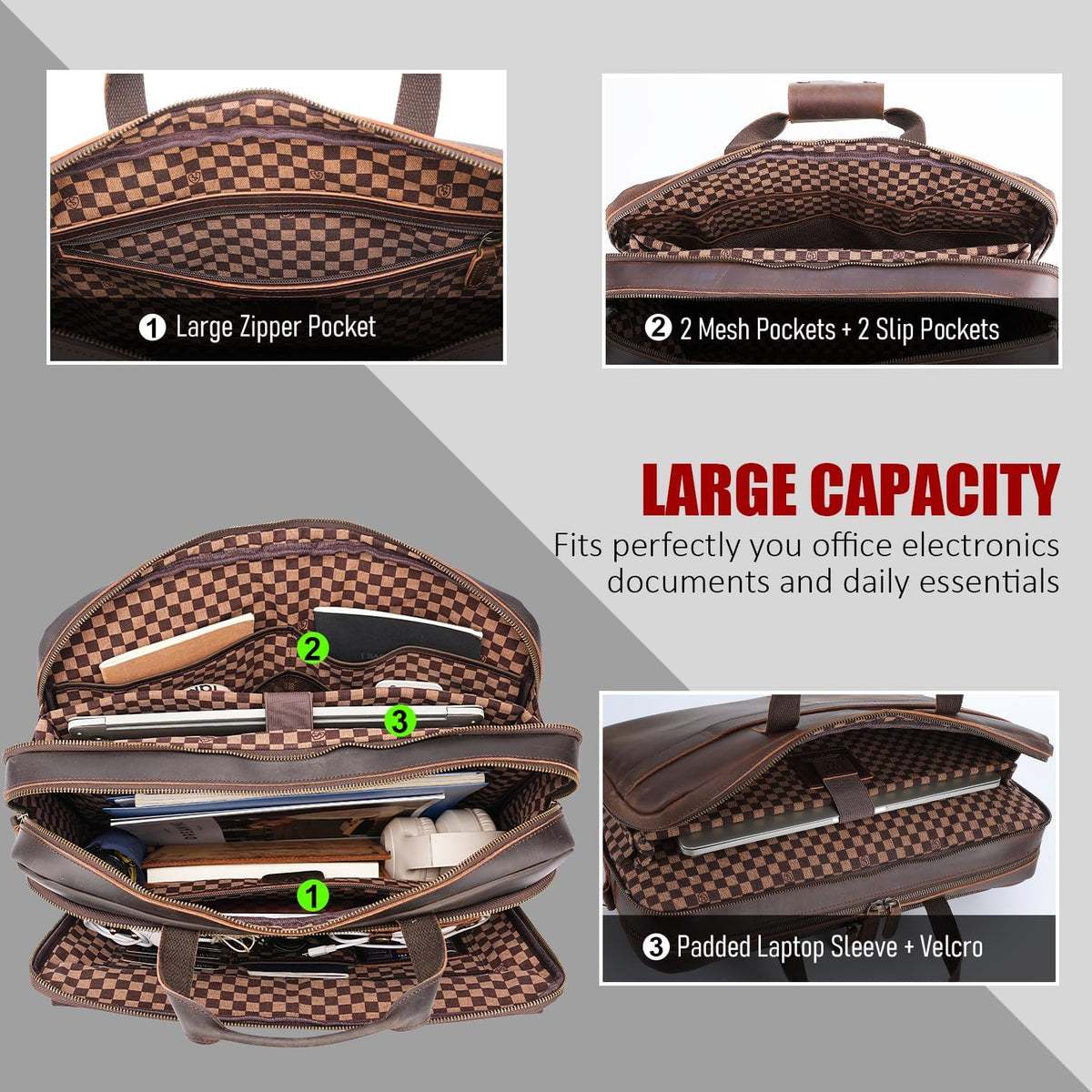 STAR VISTA Matteo Pro 18" Laptop Messenger Bag, Full Grain Leather Briefcase for Men, YKK Zippers, Fits 17.3" Laptop