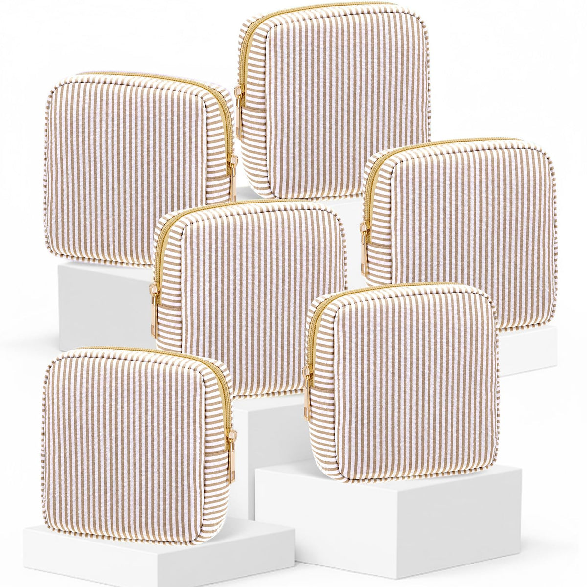 Sanwuta 6 Pack Seersucker Makeup Bags for Women Striped,Large,Macaron Color