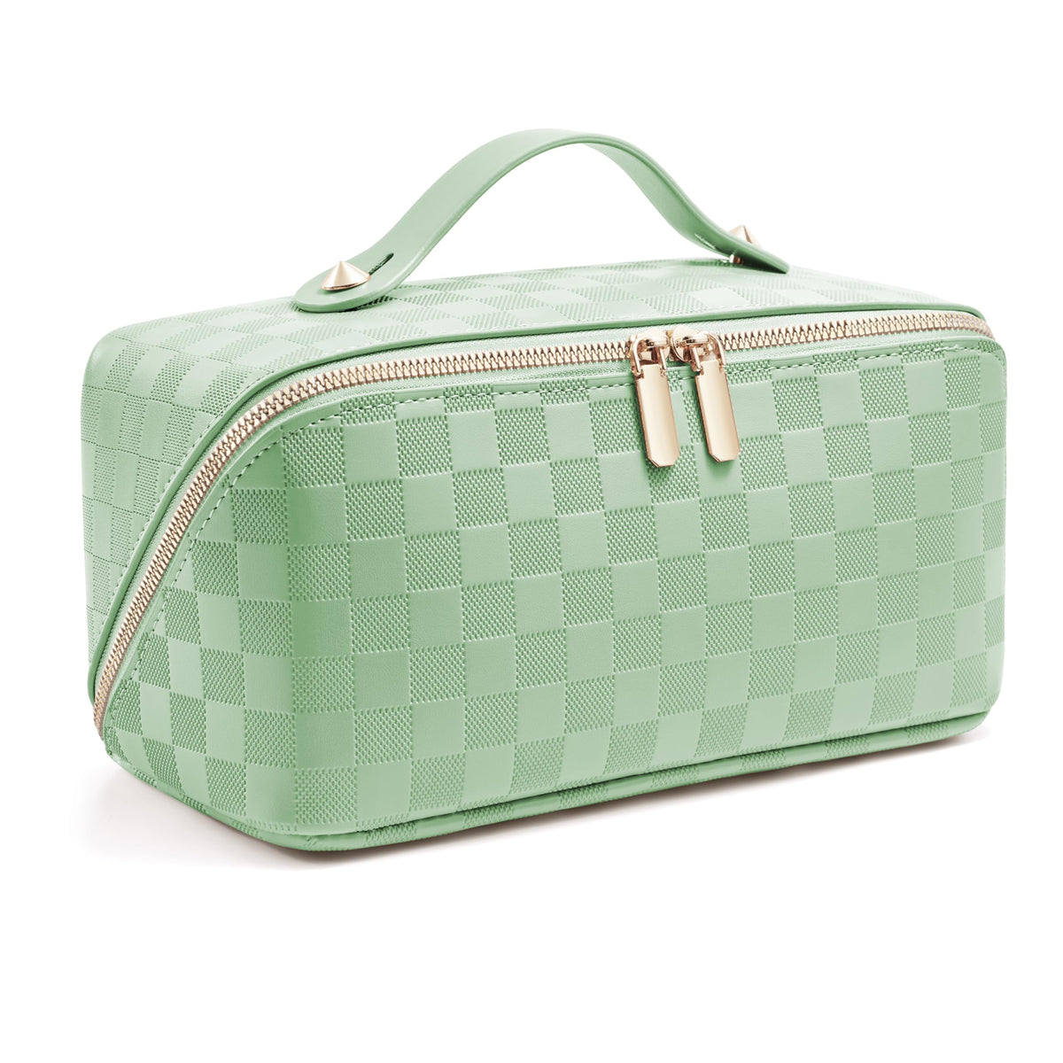 ALEXTINA Travel Makeup Bag, Woven PU Leather Cosmetic Bag, Khaki