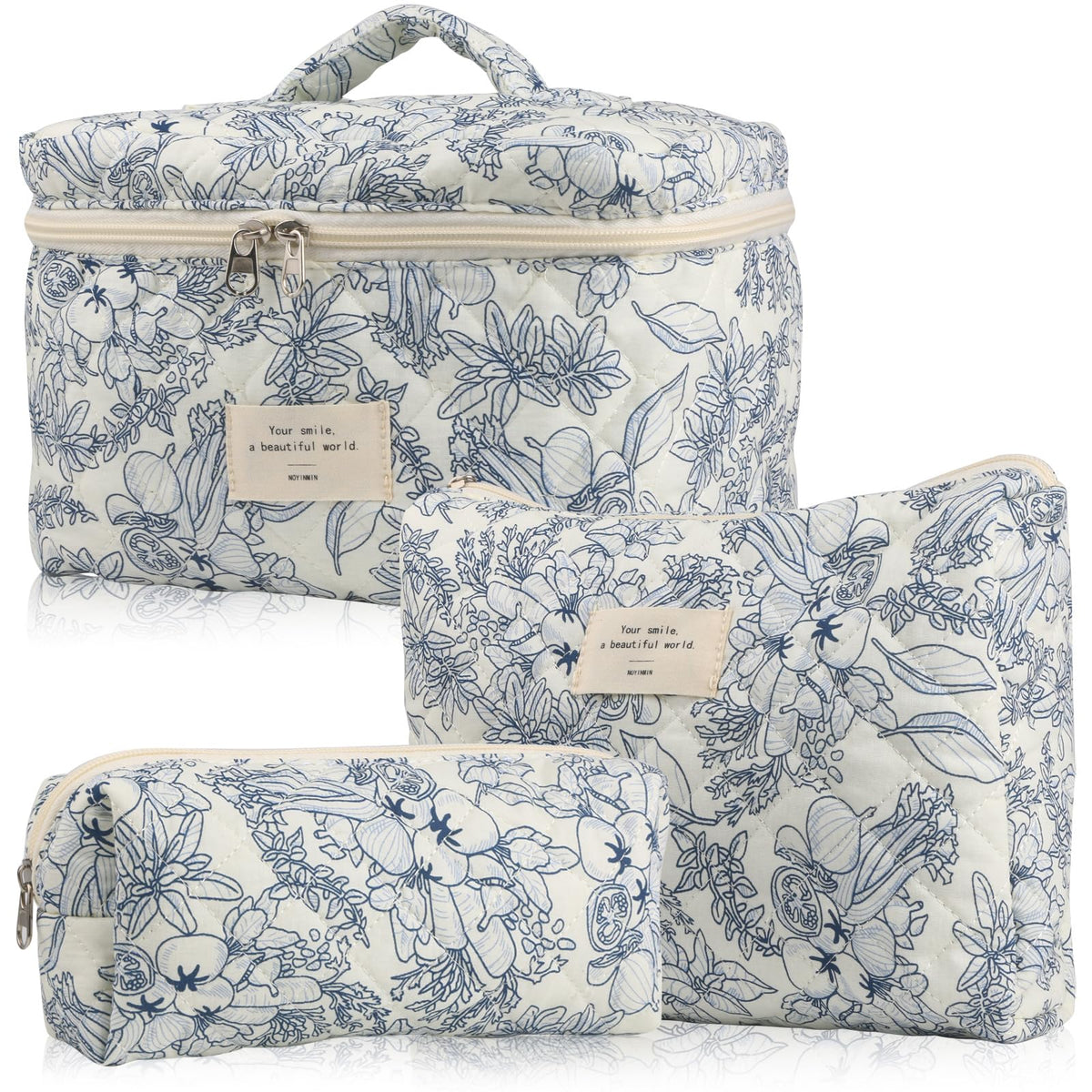 NATINSA Cute Makeup Bag for Women(2 Pcs), Travel Cosmetic Bags, Quilted Coquette Aesthetic Floral Toiletry Organizer Bag (46 - Sky Blue/4Pcs)