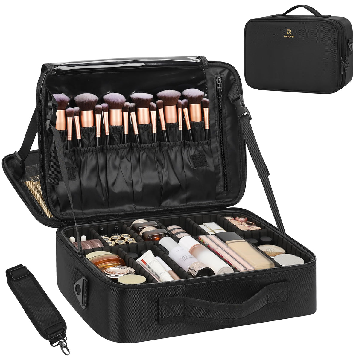 Relavel Makeup Bag Travel Train Case Cosmetic Organizer with Divider, Black