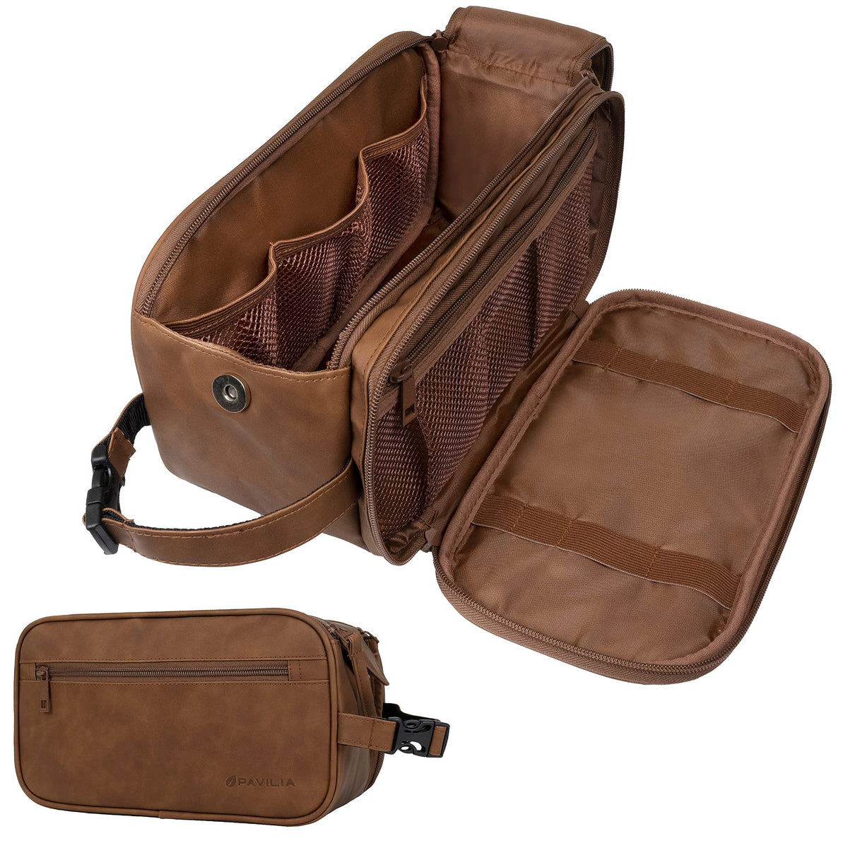 PAVILIA Toiletry Bag for Men, Travel Essentials Shaving Dopp Kit, Mens Travel Bag Toiletries Organizer Case for Grooming, PU Leather Water Resistant Cosmetic Bag Pouch (Dark Brown)