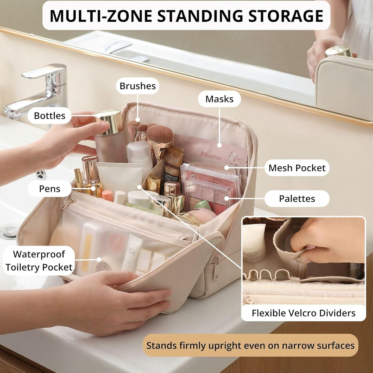 tianzong Travel Makeup Bag with Magnetic Fold-Down Flap, Waterproof Leather Cosmetic and Toiletry Organizer for Women, Multi-Zone Standing Storage, Cream, Large