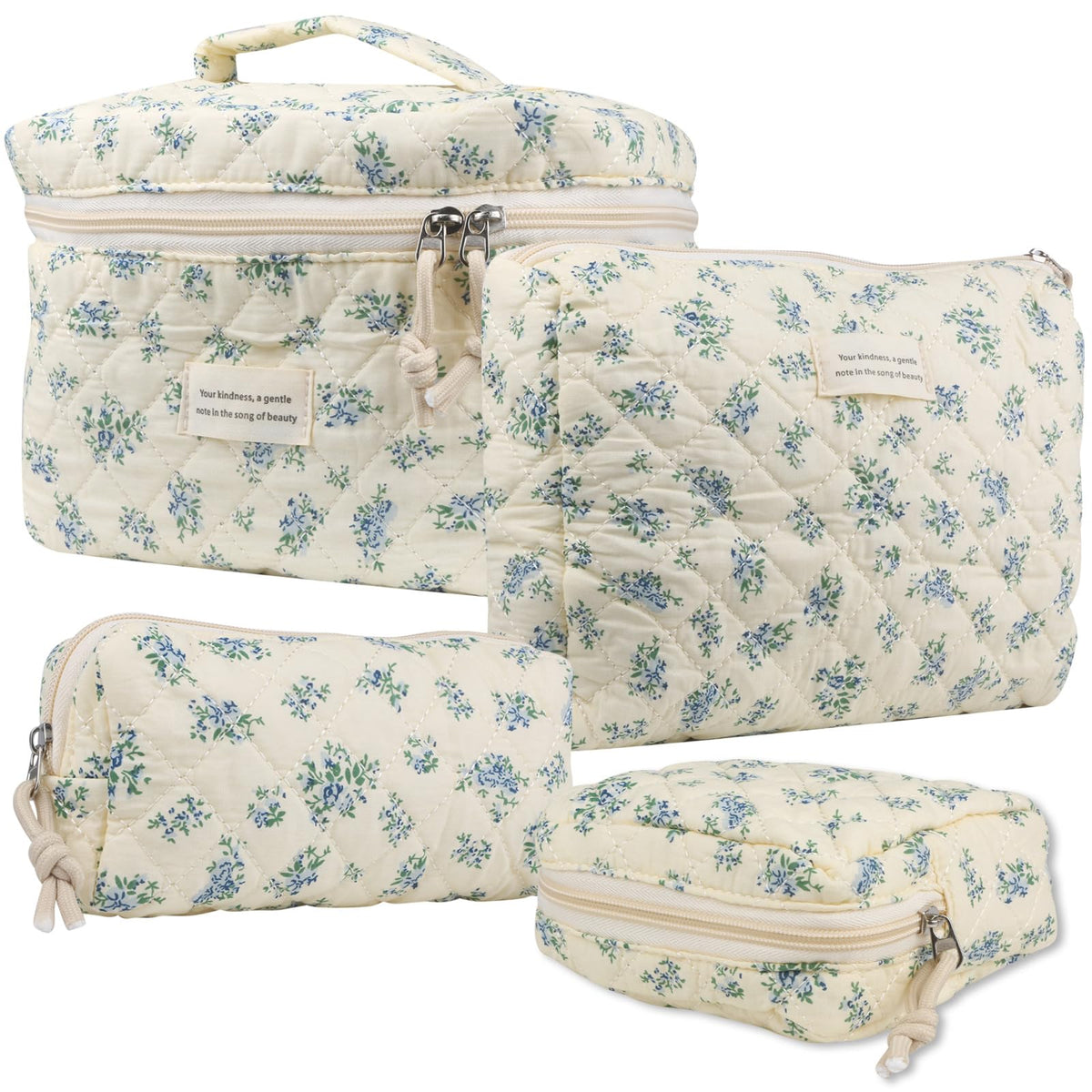 NATINSA Cute Makeup Bag for Women(2 Pcs), Travel Cosmetic Bags, Quilted Coquette Aesthetic Floral Toiletry Organizer Bag (46 - Sky Blue/4Pcs)