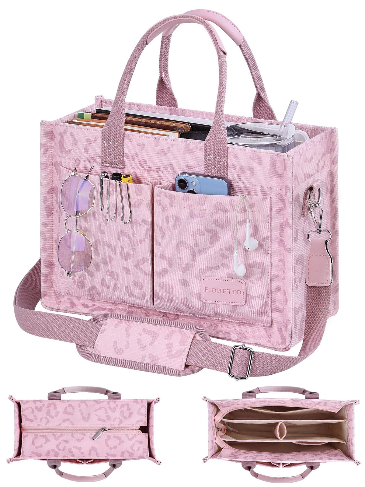 FIORETTO Canvas Tote Bag for Women with Zipper Closure & Individual Compartments for Work College for Teacher & Nurse