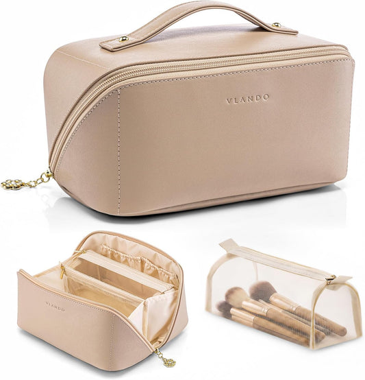 VLANDO Travel Makeup Bag with 180°Opening, Women Toiletry Case,Toffee