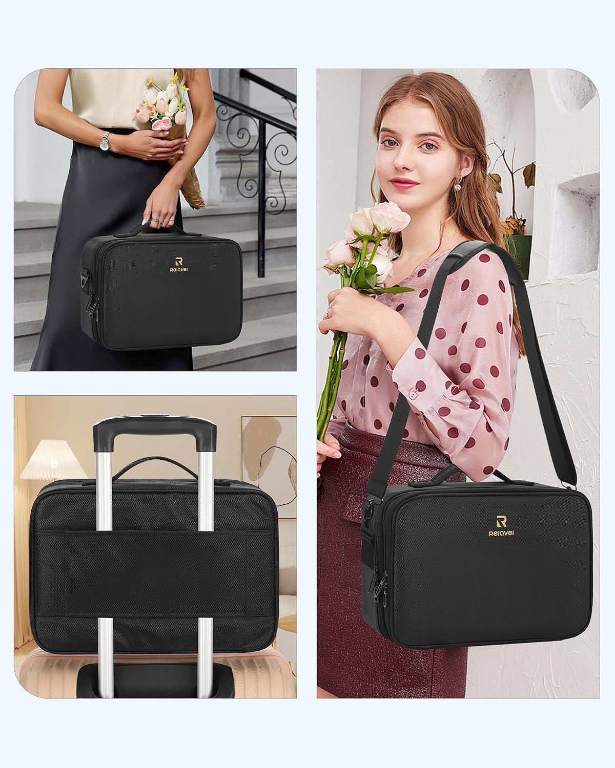 Relavel Makeup Bag Travel Makeup Train Case Large Cosmetic Case Professional Portable Makeup Brush Holder Organizer and Storage with Adjustable Dividers and Shoulder Strap Black