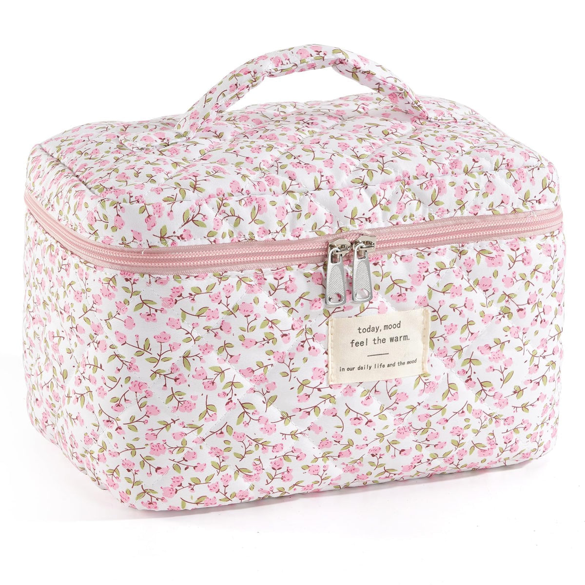 Makeup Bag for Women 3PCS Quilted Cotton Make Up Bag Travel Cosmetic Bag Large Makeup Bag Set Cute Makeups Organizer Floral Toiletry Pouch for Purse, Pink Floral D