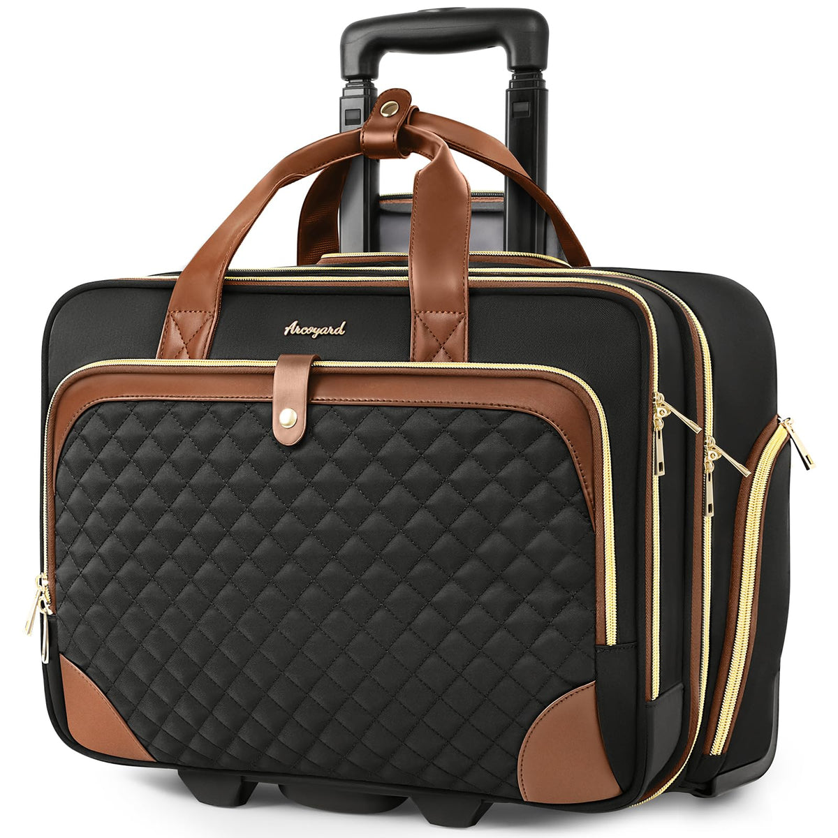 Arcoyard Rolling Laptop Bag, Rolling Briefcase for Women with Waterproof Pocket, 17 Inch Computer Bag, Underseat Carry On Luggage with Wheels for Work Travel Business, Lightweight Beige Brown