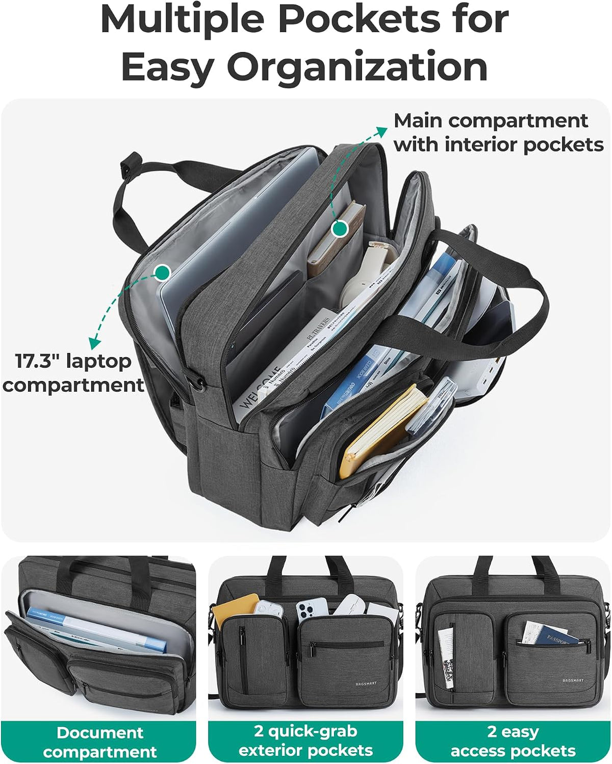 BAGSMART 3 In 1 Laptop Bag for Men, Computer Briefcase 17.3 Inch Laptop Water-Repellent Shoulder Bag, Computer Bag Business Travel Office, Black