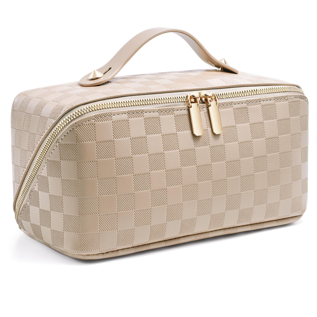 ALEXTINA Travel Makeup Bag, Woven PU Leather Cosmetic Bag, Khaki