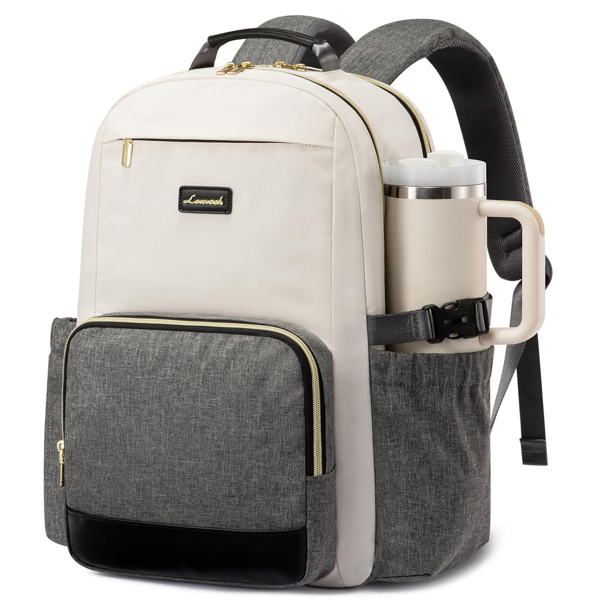LOVEVOOK Laptop Backpack for Women with Pouch Pocket for Large Capacity Cup,15.6 Inch Laptop Computer Bag Travel Backpack Purse,Waterproof Work Business Backpack College Teacher Bags,Beige-Black-Brown