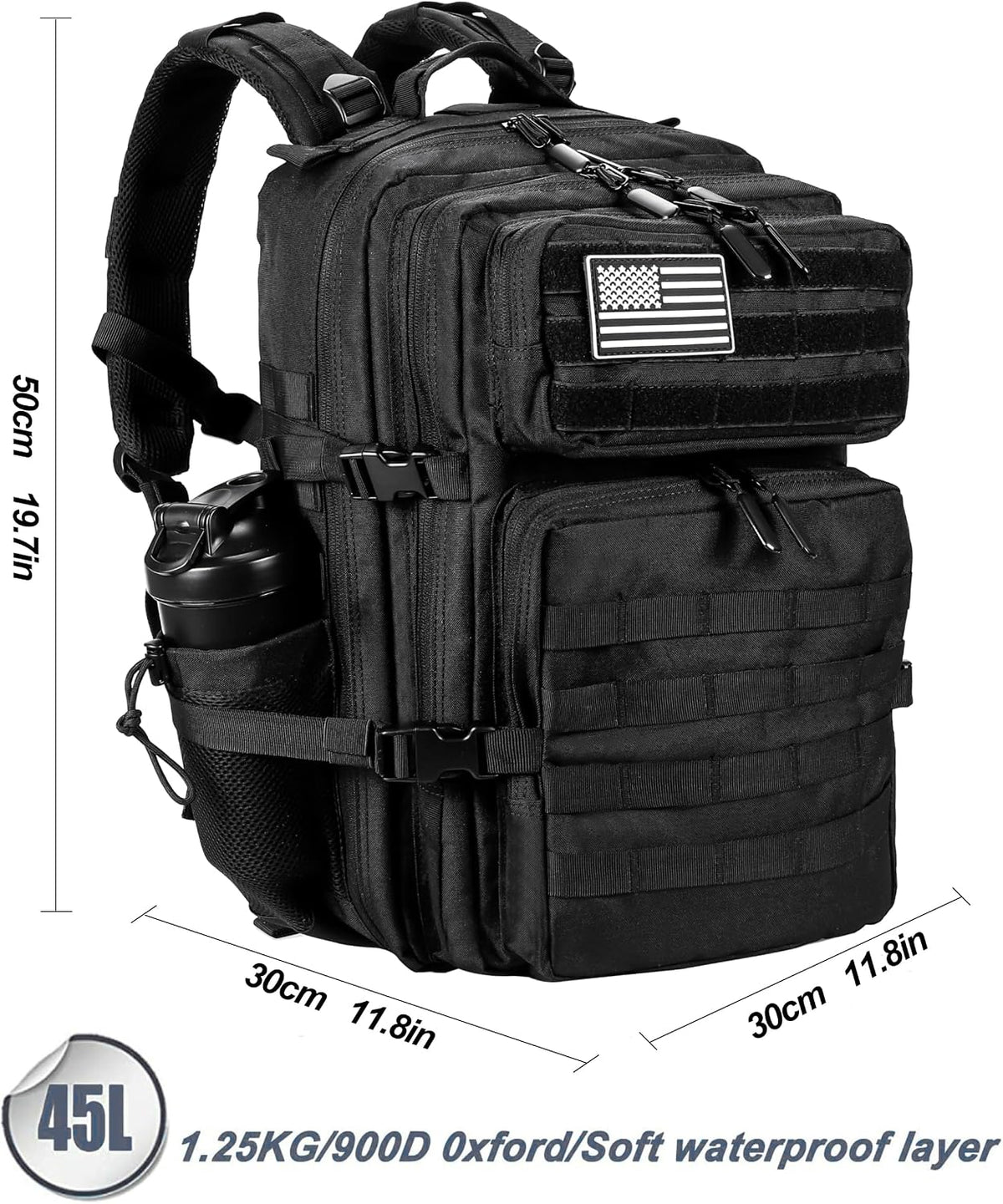 LHI Military Tactical Backpack for Men and Women 45L Army 3 Days Assault Pack Bag Large Rucksack with Molle System Black