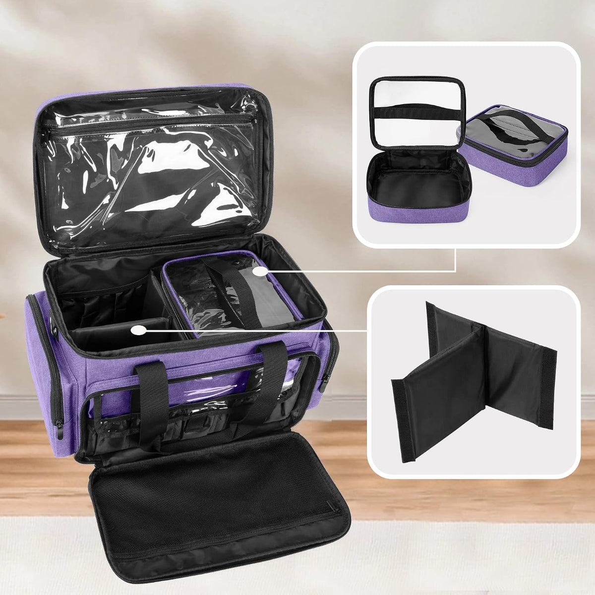 BAFASO Makeup Bag with 2 Removable Pouches and Detachable Dividers, Purple