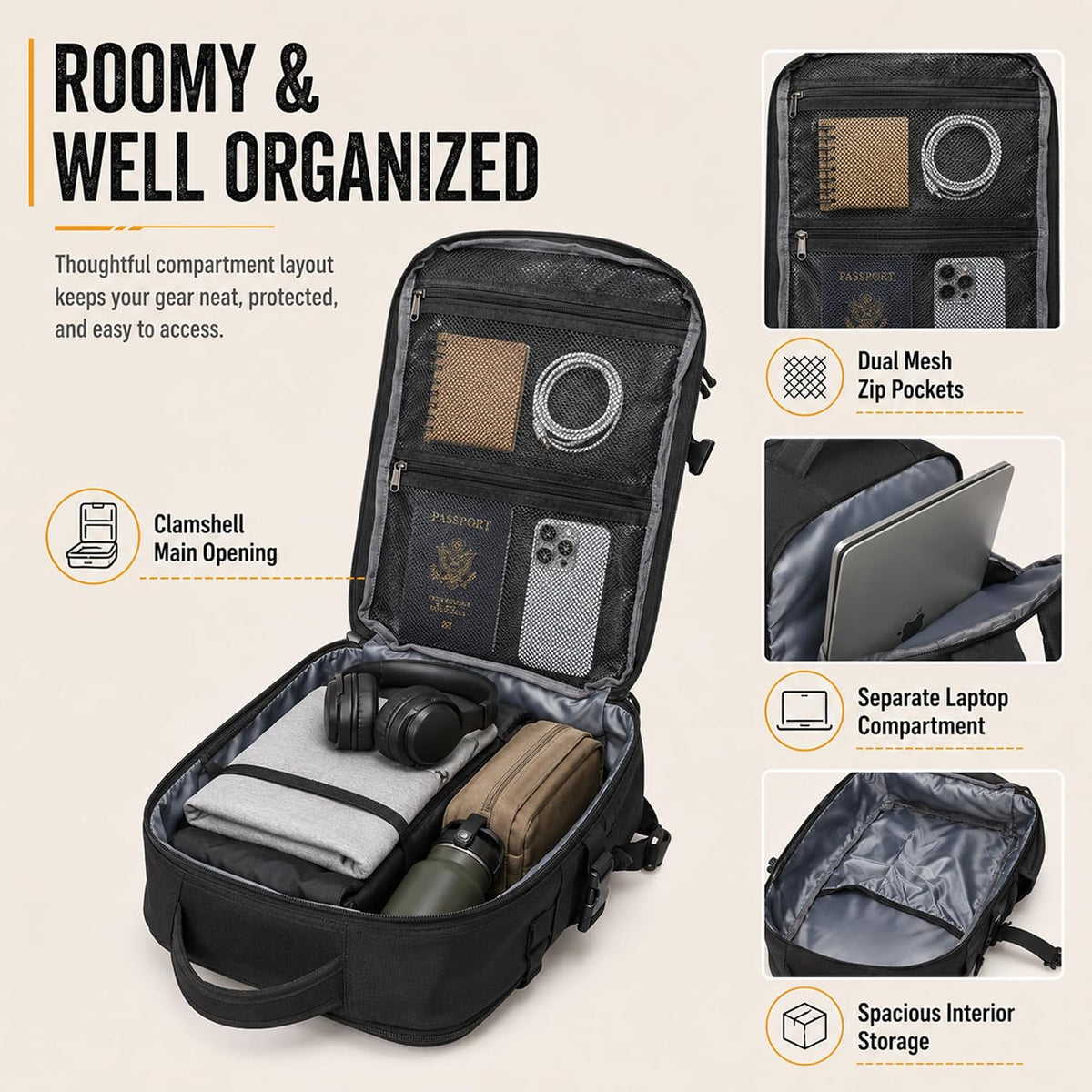 Wotony Tactical Backpack for Men, 25L/35L/45L EDC Backpack with Laptop Compartment, MOLLE System, Water-Resistant 900D Fabric, Multi-Pocket Travel Backpack for Hiking, Camping, Gym and Daily Use