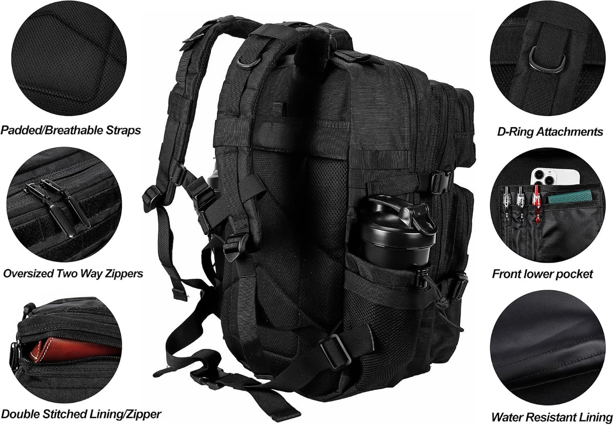 LHI Military Tactical Backpack for Men and Women 45L Army 3 Days Assault Pack Bag Large Rucksack with Molle System Black