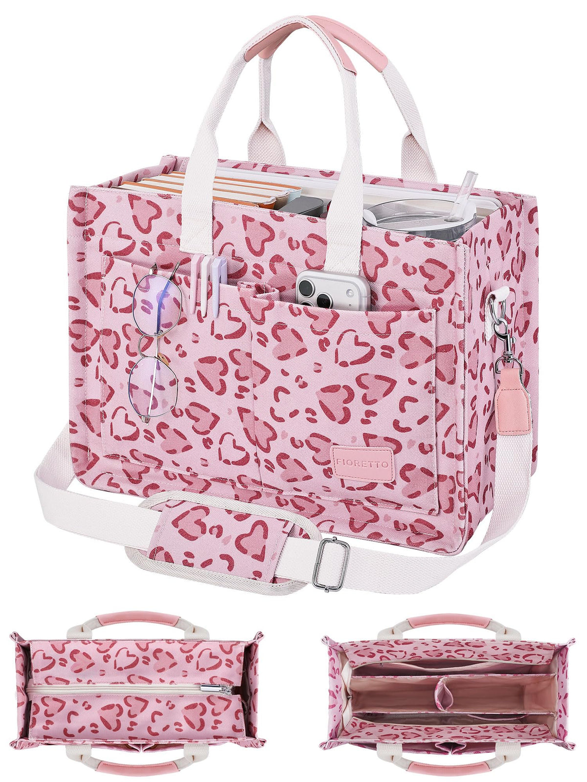 FIORETTO Canvas Tote Bag for Women with Zipper Closure & Individual Compartments for Work College for Teacher & Nurse