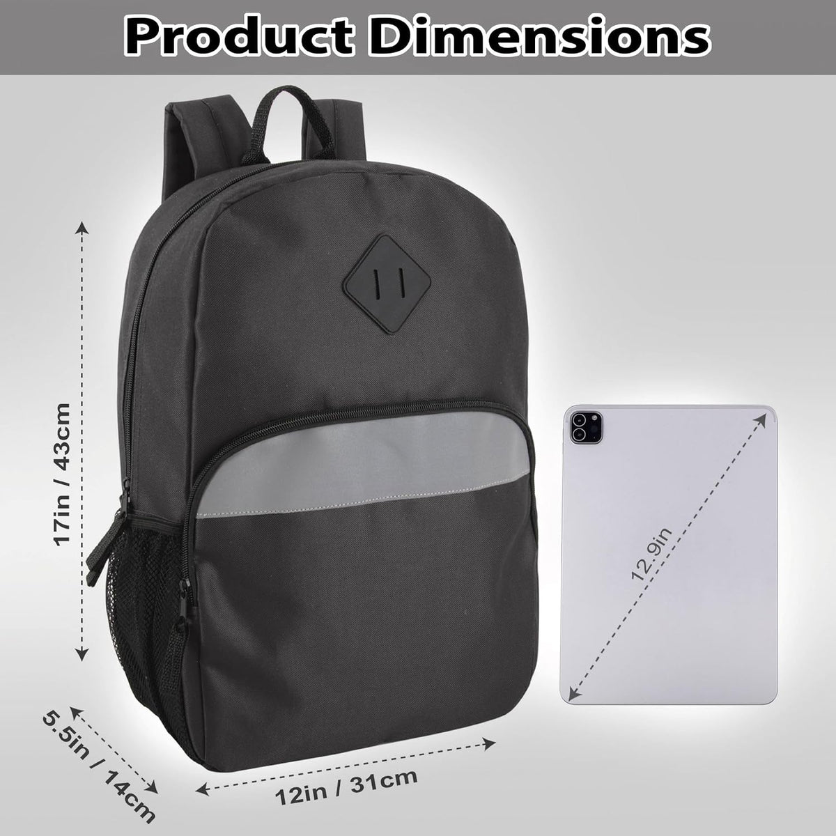 Trail maker 17" Backpack – Reflective School Backpack with Padded Straps, Water Bottle Pockets for Kids & Adults, School Travel Camp (Black)