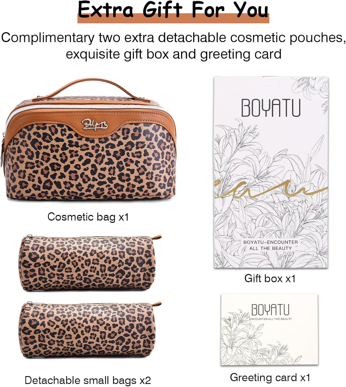 BOYATU Travel Makeup Bag Organizer: 3 Pcs Leopard Cometic Bag Set for Women