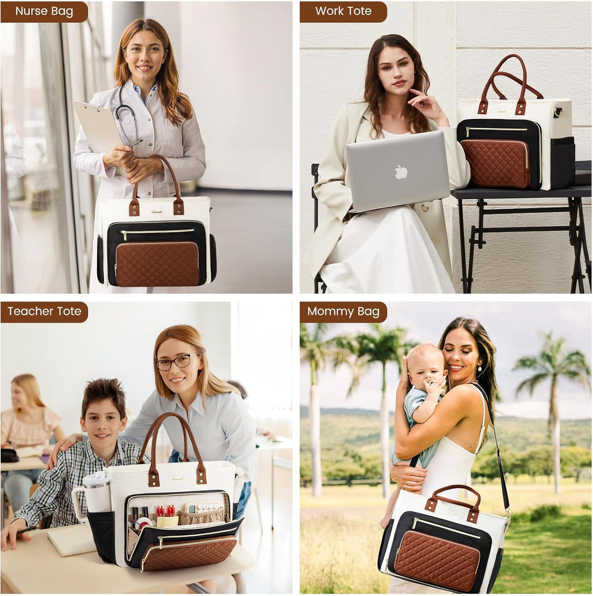 LOVEVOOK Teacher Tote Bag for Women Work, Laptop Bag With Large Cup Holder, Nurse Bags Professional Briefcase Business Computer Purses Bible Handbag Gifts, Black-Beige-Brown, 15.6 Inch